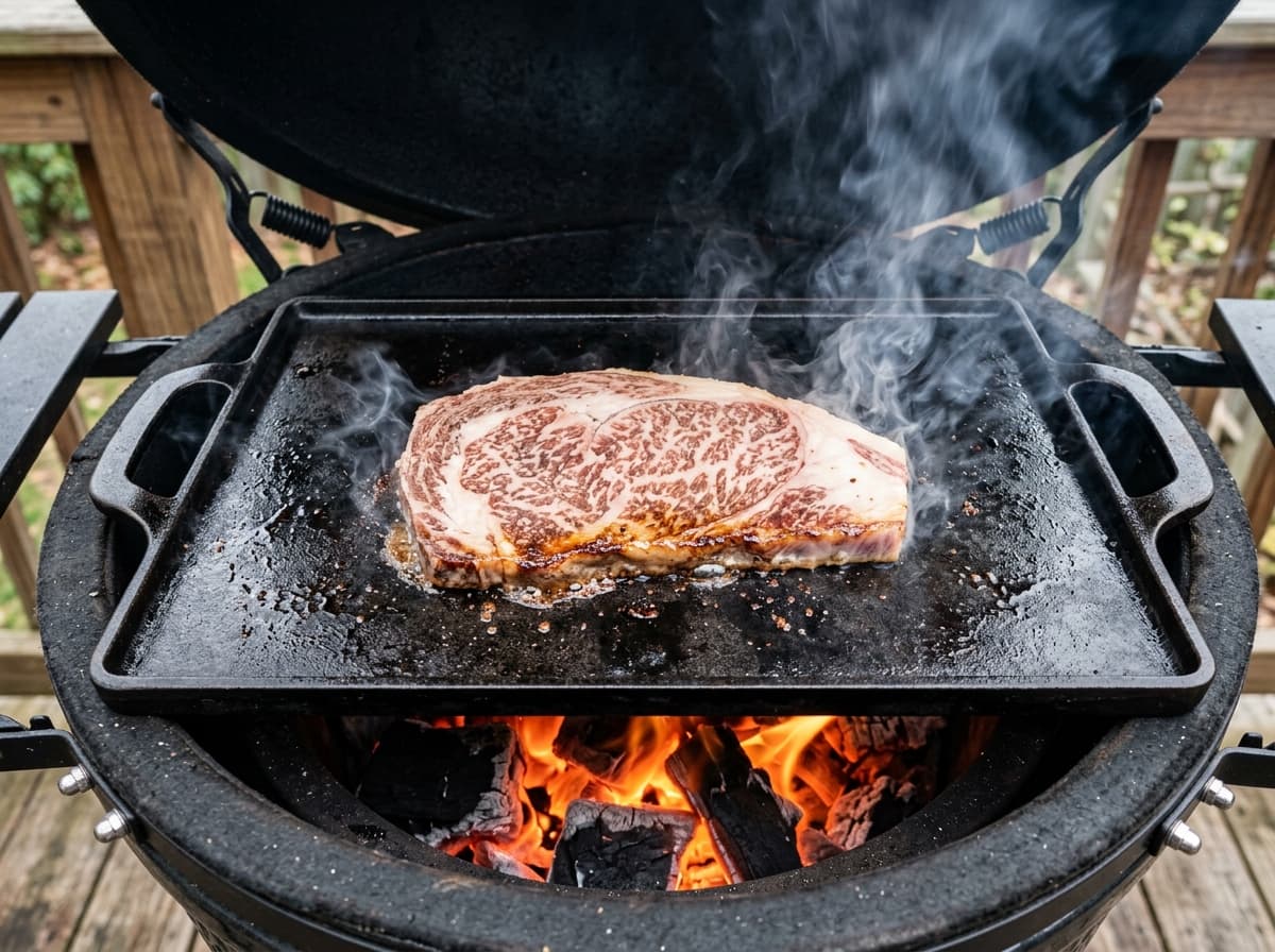 Fetta di Wagyu A5 che cuoce sulla plancha